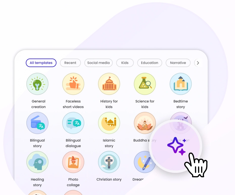 A library of themed templates for education, stories, social media, and other creative scenarios