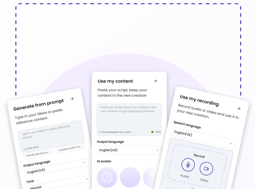 Prompt, pasted-content, and recording input panels for video creation