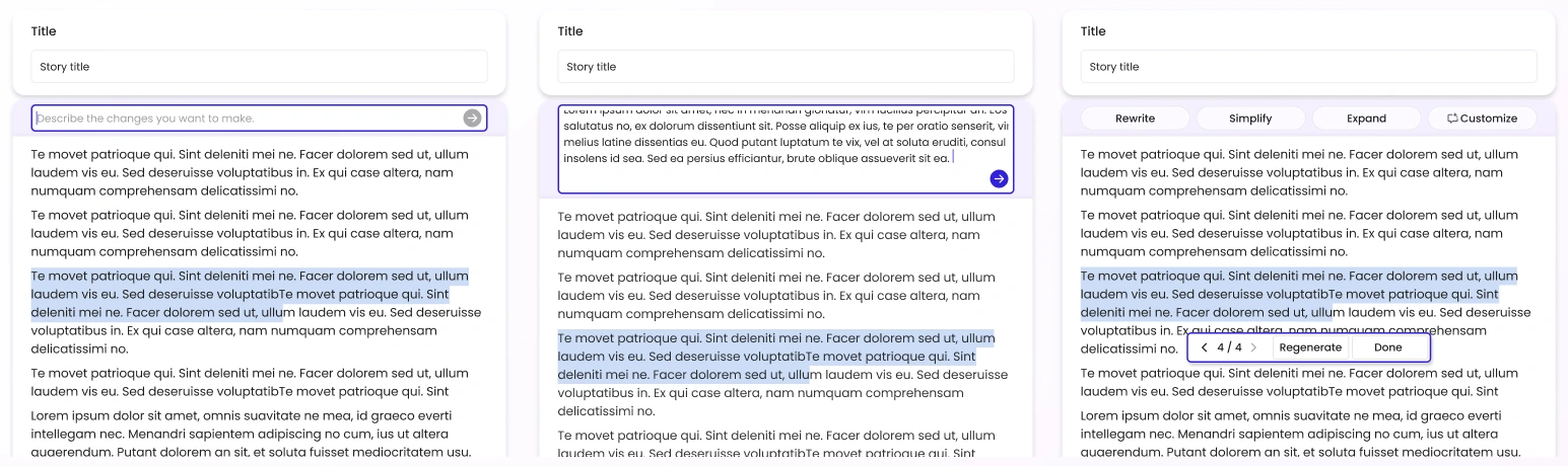 Three script-editing states showing text selection, AI writing actions, and review controls