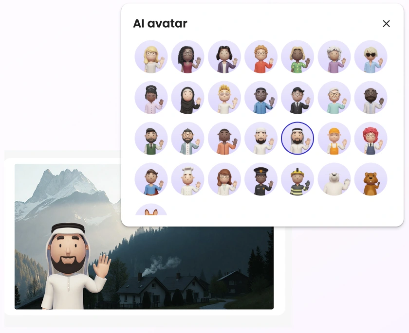 Arabic localization examples showing culturally relevant avatar choices and a generated video scene
