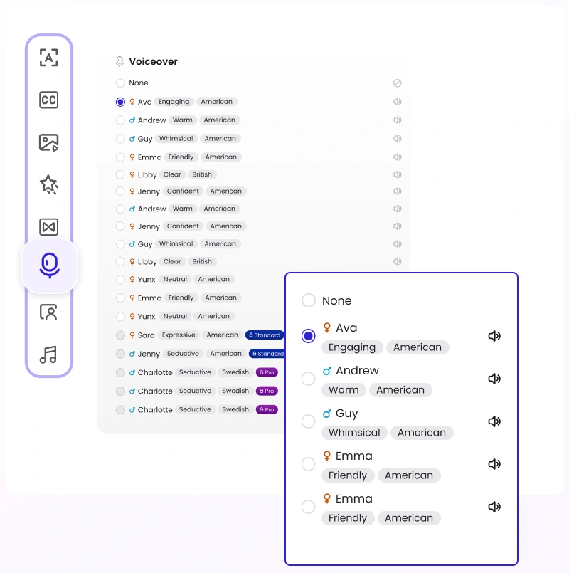Voiceover library with tone, accent, preview controls, and standard and pro options