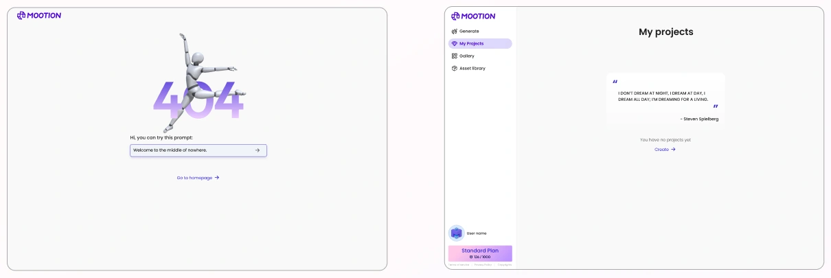 A 404 page with a homepage link and an empty project library with a Create action