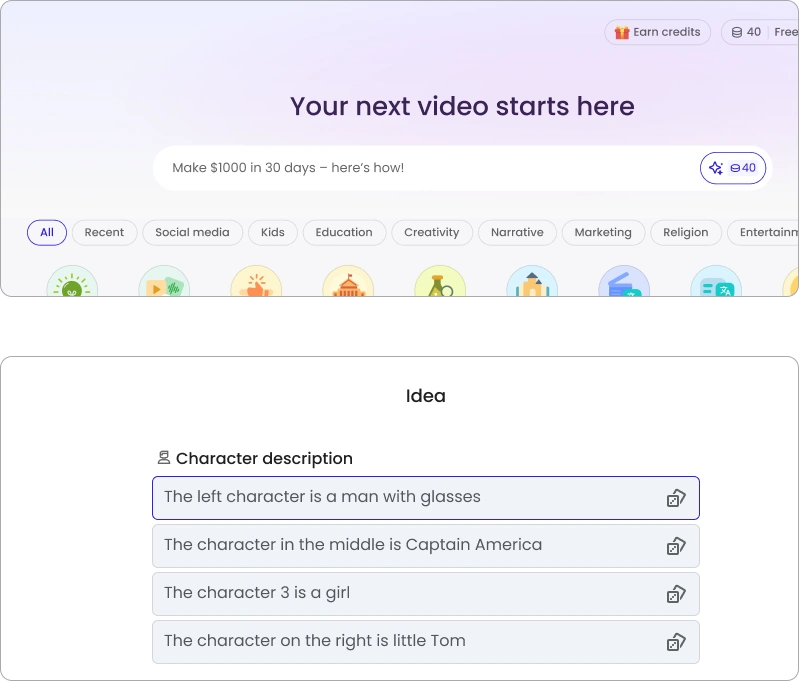 Workspace prompt suggestions and contextual character-description ideas